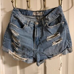 refuge Light Blue Distressed Mom Denim Shorts